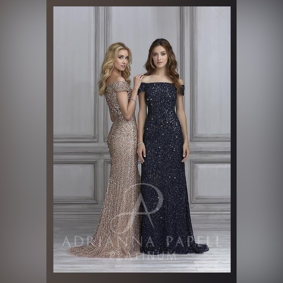 Adrianna Papell Navy Off Shoulder Sequin Gown NWT Size 18 MOB GALA BLACK TIE - Picture 5 of 6